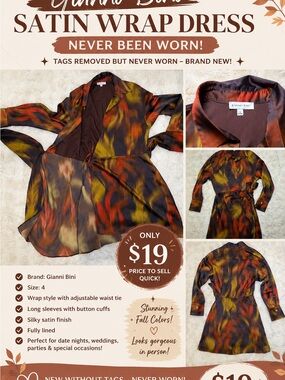 Gianni Bini Satin Wrap Dress — Brown, Rust, Olive & Black Abstract